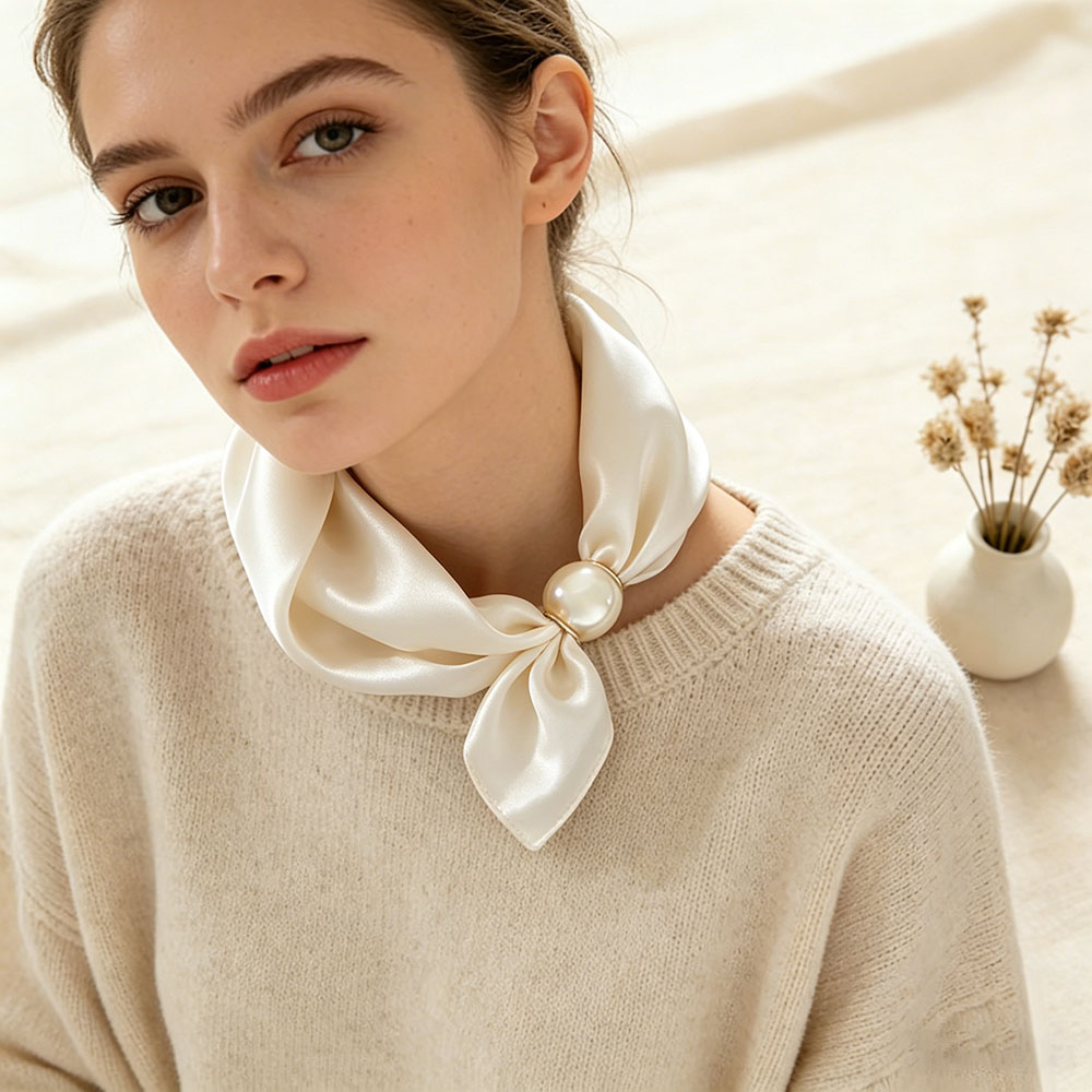 Ascot Neck Scarf - ผ้าพันคอไหมพรมแบบแม่เหล็กประดับมุกเส้นเล็ก ผ้าพันคอคล้องคอ ผ้าคาดผม ริบบิ้น ผ้าพันคอแฟชั่น แบรนด์หรูสำหรับผู้หญิง