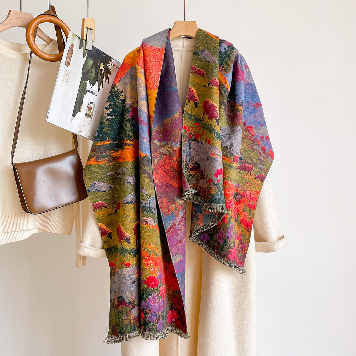 Pashmina Wrap Large - ผ้าพันคอแคชเมียร์เทียมสำหรับผู้หญิง ผ้าคลุมไหล่หนาอุ่น ผ้าพันคอพิมพ์ลายฤดูหนาวแบบสองด้าน ผ้าพันคอพัชมีนาแบบมีพู่สไตล์เรโทร ผ้าห่มขนาดใหญ่